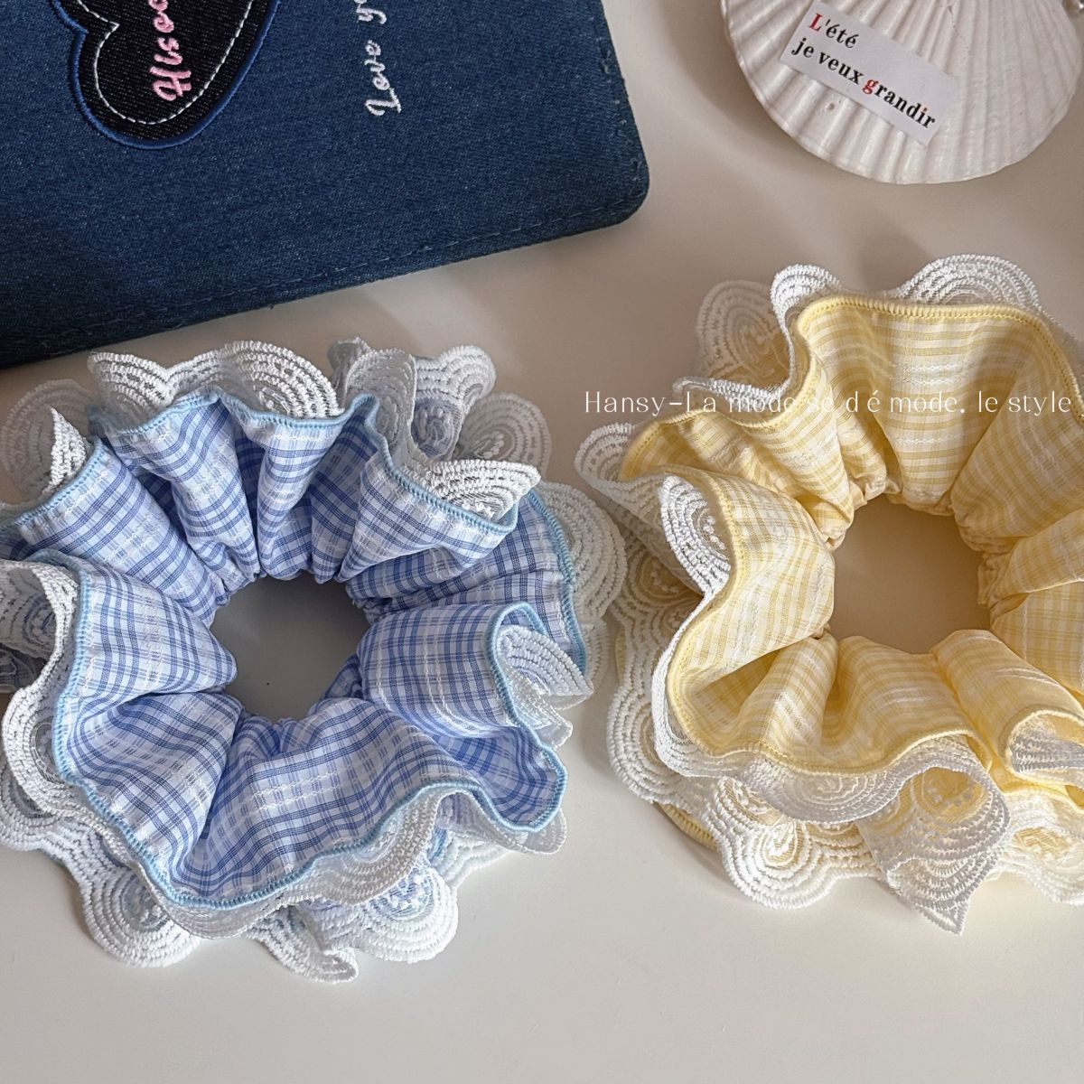 粉色蕾絲格紋髮圈－商品主圖｜https://igowo.tw/