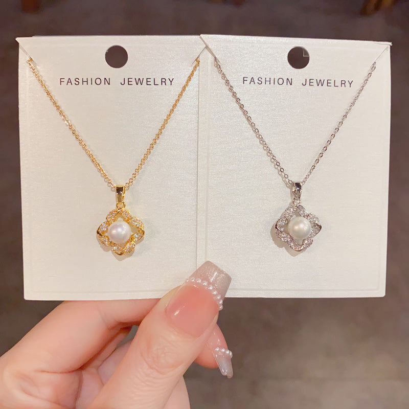 珍珠鋯石菱形項鍊－商品主圖｜https://igowo.tw/