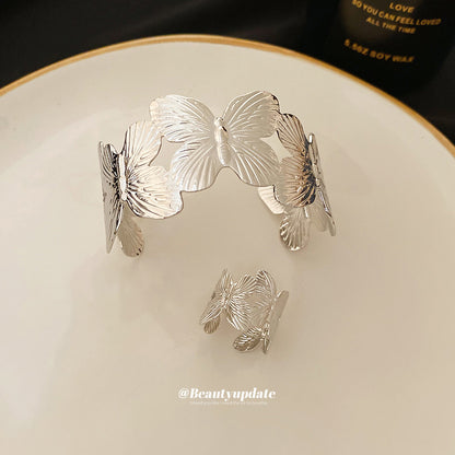 歐美金屬紋路樹葉開口手鐲戒指套裝輕奢高級感手環簡約百搭手飾女