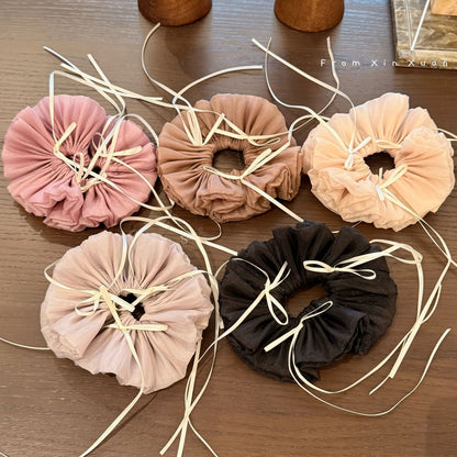 網紗蝴蝶結復古髮圈－卡其款細節｜https://igowo.tw/