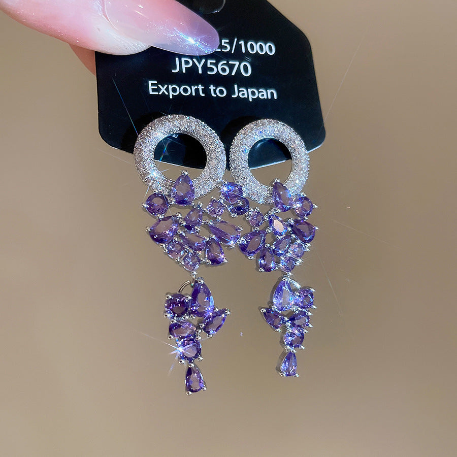 銀針超閃鋯石幾何圓圈水滴流蘇耳環森系小清新耳釘輕奢高級感耳飾