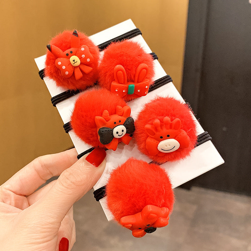 紅色絨面毛球復古髮圈－紅色布偶福袋款細節2｜https://igowo.tw/