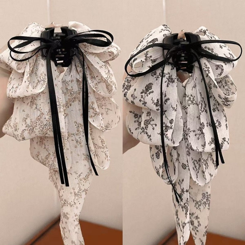 碎花蝴蝶結髮夾－黑白碎花馬尾夾款實拍｜https://igowo.tw/