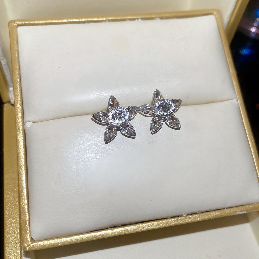 銀針鋯石水晶花朵耳釘時尚簡約百搭氣質耳環精致輕奢高級感耳飾女
