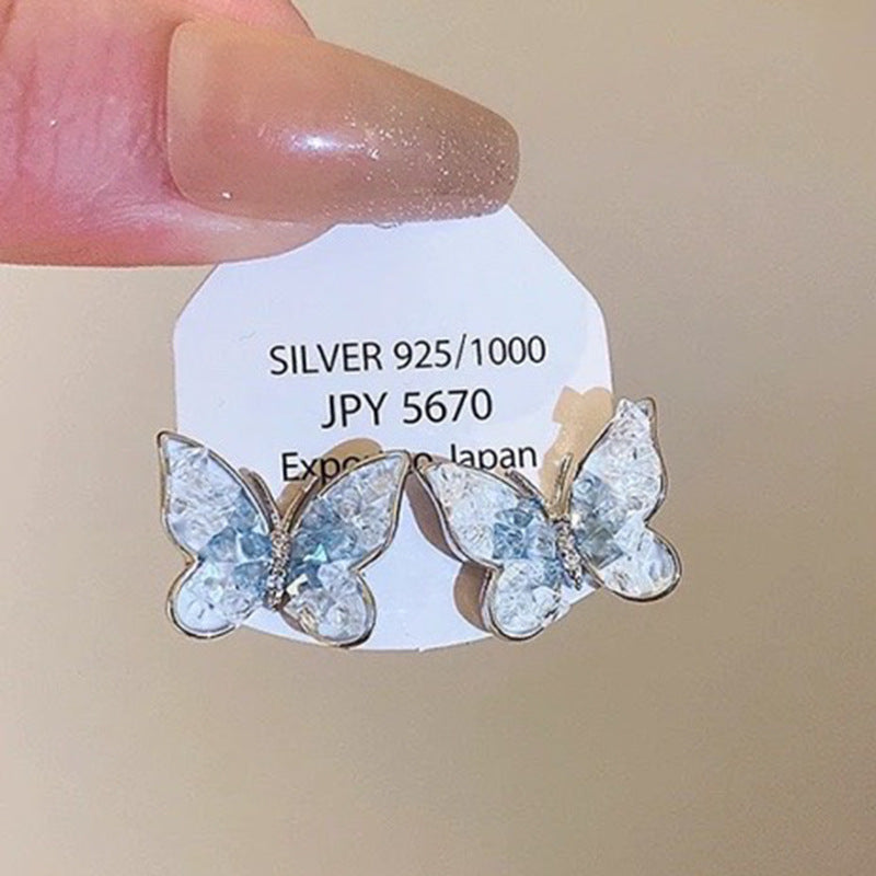 銀針漸變藍色系玻璃珠蝴蝶花朵耳環夏季清新氣質耳墜時尚甜美耳飾
