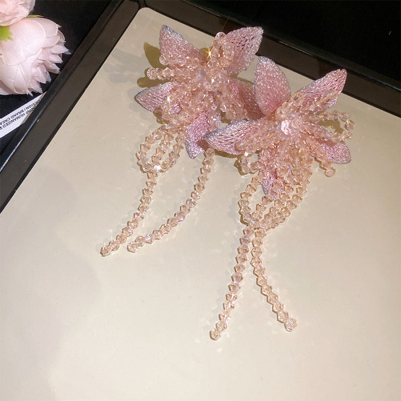 珍珠銀針花朵流蘇耳釘