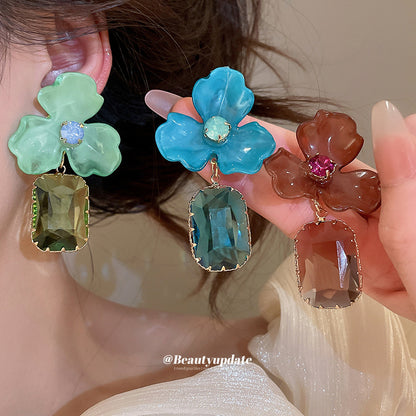 歐美復古亞克力鑲鉆花朵方形耳墜時尚小眾設計感耳環個性耳釘耳飾