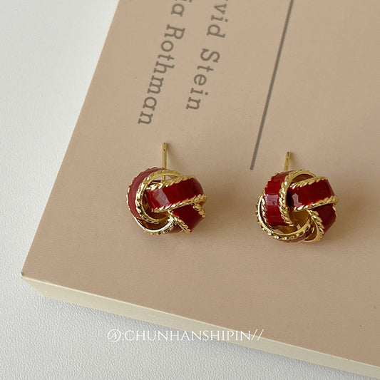 法式復古同心結耳夾無耳洞小眾設計高級感耳釘氣質百搭滴油耳環女 酒紅耳針