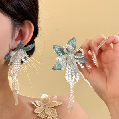 藍色水晶花朵流蘇耳環－銀針-藍色款實拍｜https://igowo.tw/