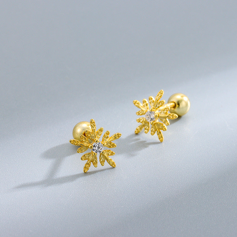 S925 鑲鑽雪花螺絲針擰扣耳釘日韓時尚氣質鍍K金輕奢女款ins風