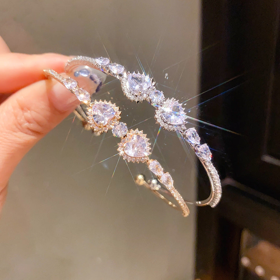 超閃鋯石心形幾何圓形開口手鐲法式精致百搭手環輕奢高級感手飾女