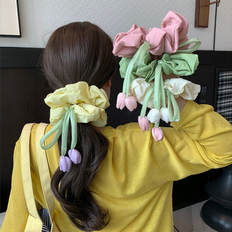 彩色大腸圈花朵髮圈－綠色款細節｜https://igowo.tw/