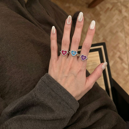 彩色琺瑯愛心鑲鑽戒指－藍色款實拍｜https://igowo.tw/