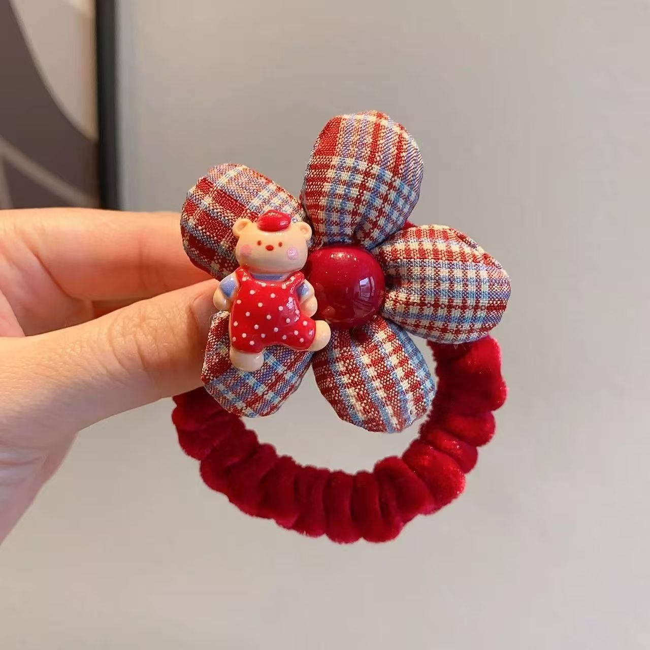 紅色格紋花朵髮圈