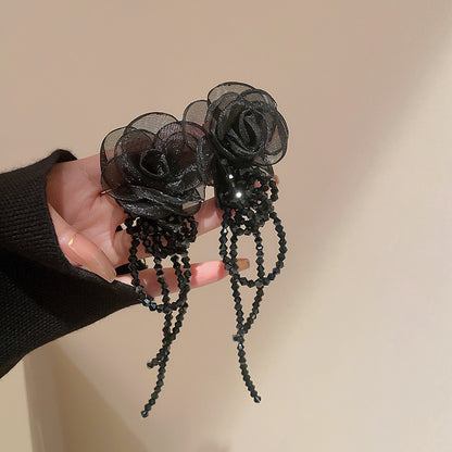 銀針法式歐根紗花朵玻璃珠流蘇耳環超仙洛可可風耳墜時尚氣質耳飾