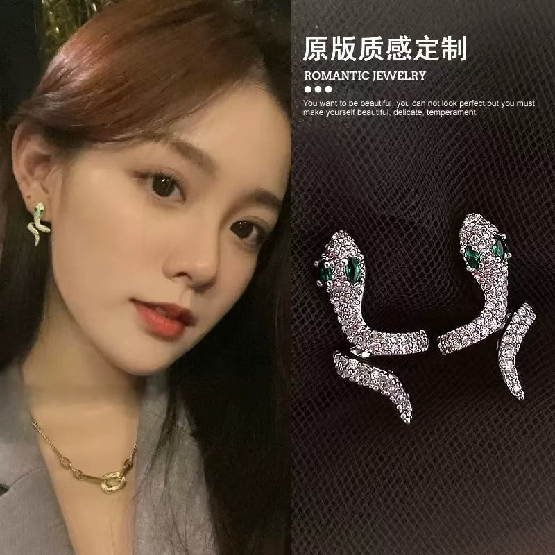 銀針跨境蛇形鑲鉆C形耳釘女小眾百搭耳環時尚氣質耳飾輕奢高級感