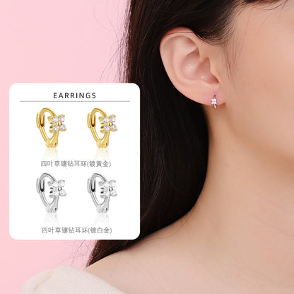 S925 鑲鑽四葉草耳扣日韓時尚氣質鍍K金輕奢女款ins風小耳環