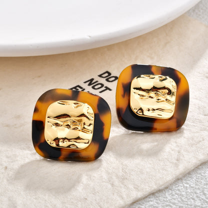 棕色樹脂豹紋復古耳釘
