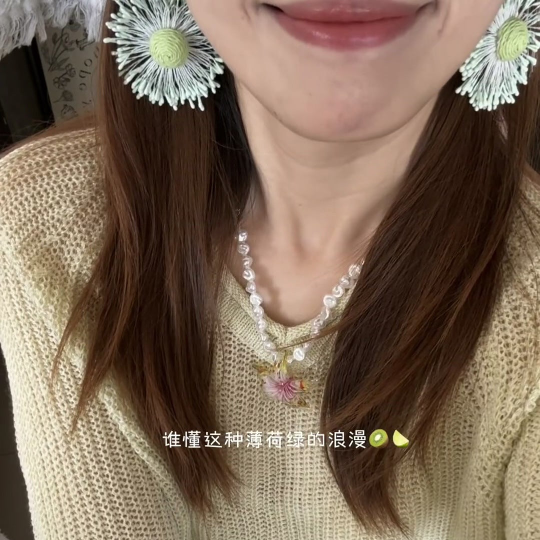 手工編織彩色花朵圓形耳釘多巴胺小清新度假風耳環輕奢高級感耳飾
