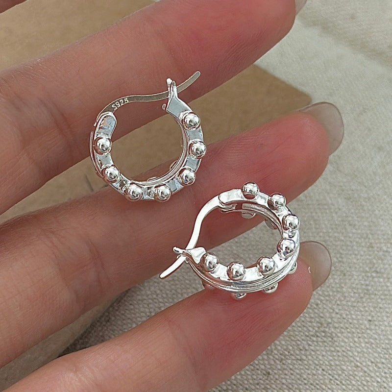 S925純銀韓版小眾設計感復古簡約紋理耳扣韓式風時髦耳飾品