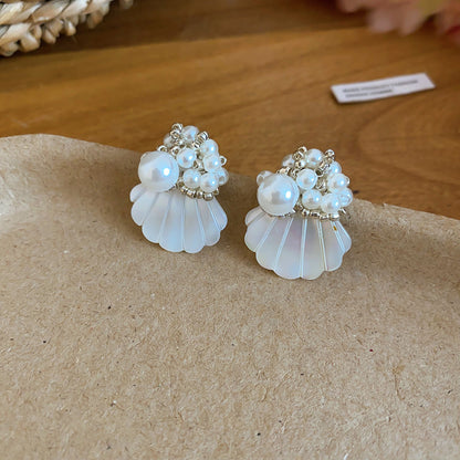 法式經典珍珠貝殼花朵耳釘海島度假風清新甜美耳環小眾設計感耳飾