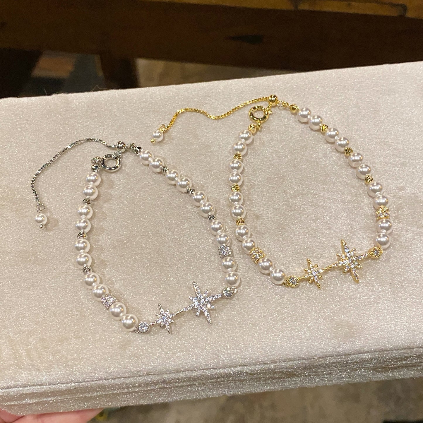 18k真金電鍍珍珠串珠鋯石芒星手鏈女小眾設計感手環時尚輕奢手飾