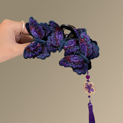 新中式刺繡蝴蝶抓夾女氣質高級感后腦勺盤發鯊魚夾新款精致發飾女