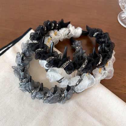 網紗纏繞髮箍－米白款實拍｜https://igowo.tw/
