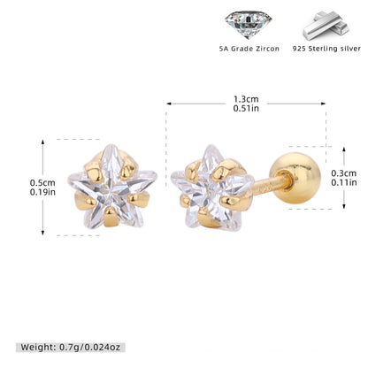 S925 五角星星鋯石耳釘女款簡約小巧氣質擰帽螺紋耳骨蝸釘飾品