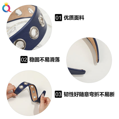 皮革金屬圓圈寬版髮箍－第二視角實拍｜https://igowo.tw/