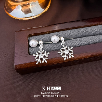 珍珠銀針雪花鏤空耳釘