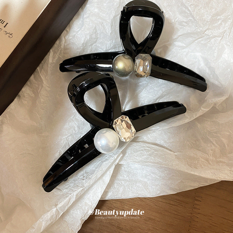 輕奢光面鑲鉆珍珠發夾黑色經典時尚抓夾氣質高級感鯊魚夾發飾批發
