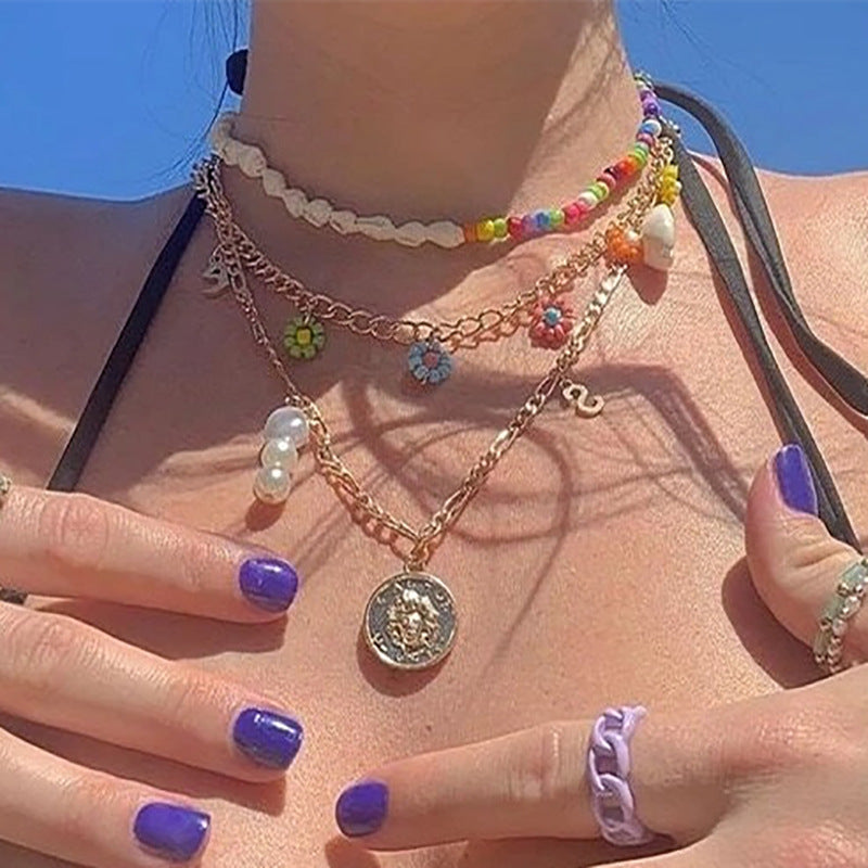 珍珠貝殼花朵多層項鍊－商品主圖｜https://igowo.tw/