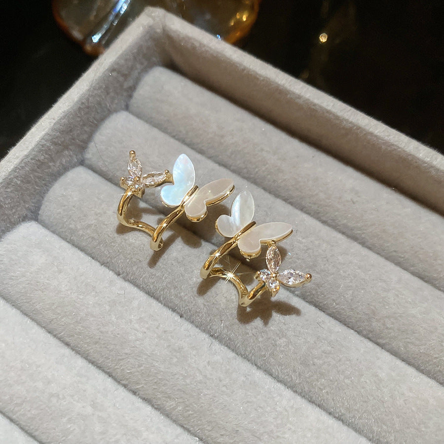 銀針法式氣質精致鋯石貝母蝴蝶耳釘小眾高級感耳環時尚個性耳飾女
