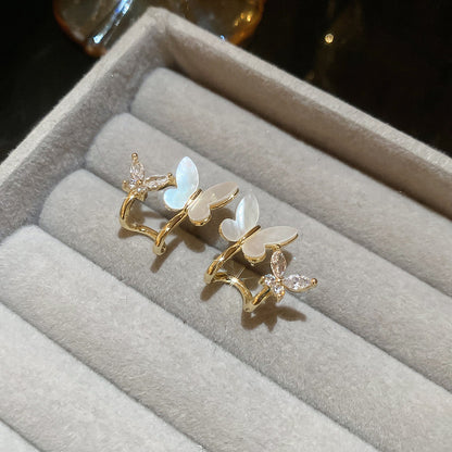 銀針法式氣質精致鋯石貝母蝴蝶耳釘小眾高級感耳環時尚個性耳飾女