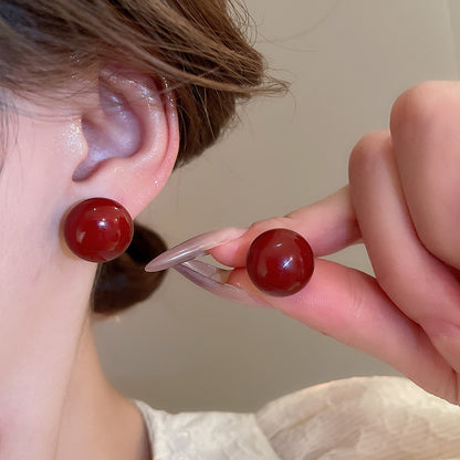 銀針安可拉紅色圓形愛心耳環港風復古耳圈耳釘小眾輕奢高級感耳飾