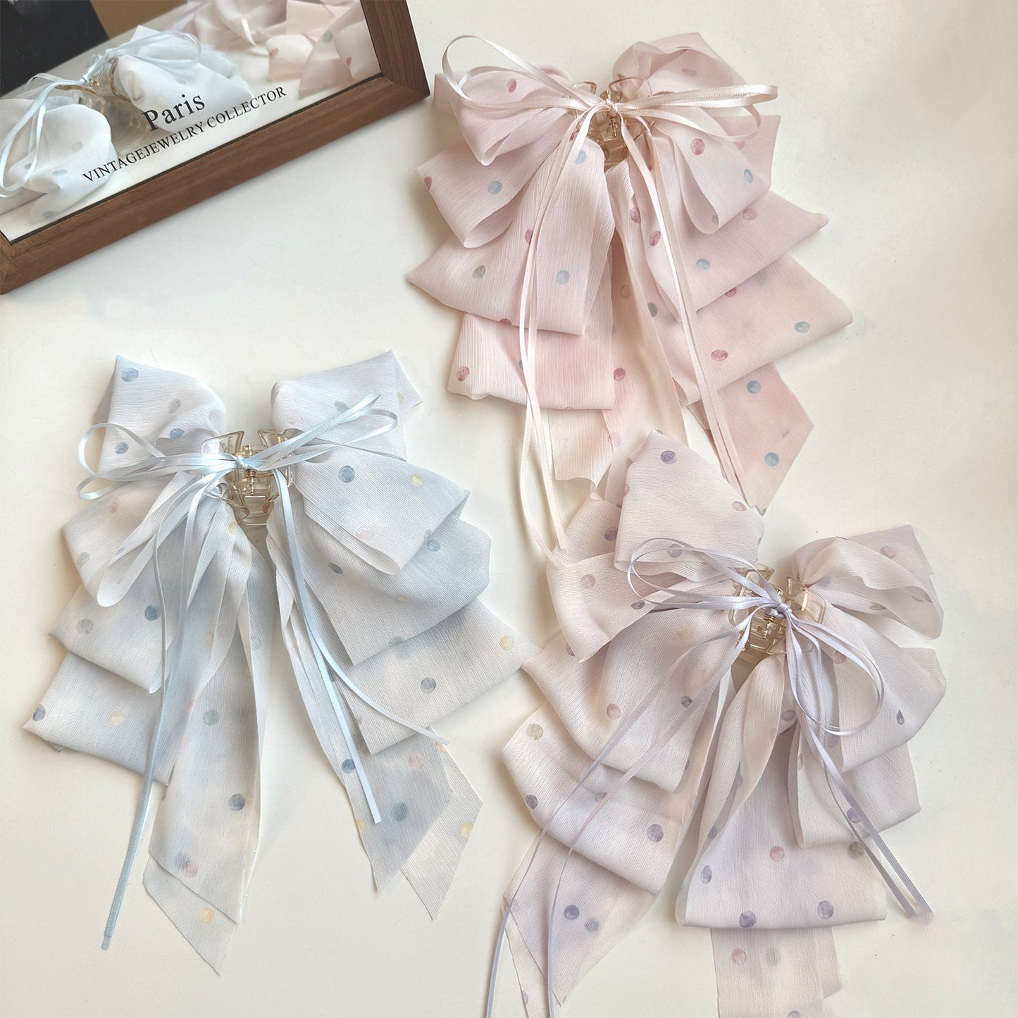 網紗碎花流蘇鯊魚夾－粉色飄帶波點款細節｜https://igowo.tw/