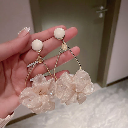 銀針雪紡花朵流蘇耳釘甜美森系多巴胺耳環小眾潮流百搭耳飾批發女