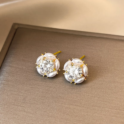 金色珍珠花朵電鍍耳釘