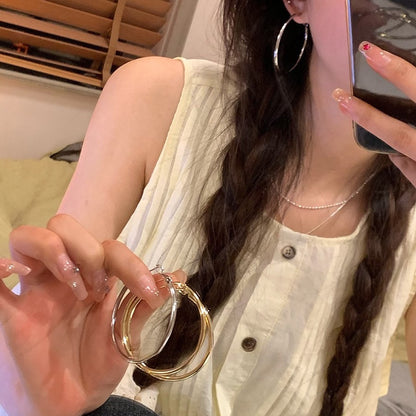 歐美金屬銀針光面幾何圓形耳圈時尚簡約百搭耳環小眾設計感耳飾女