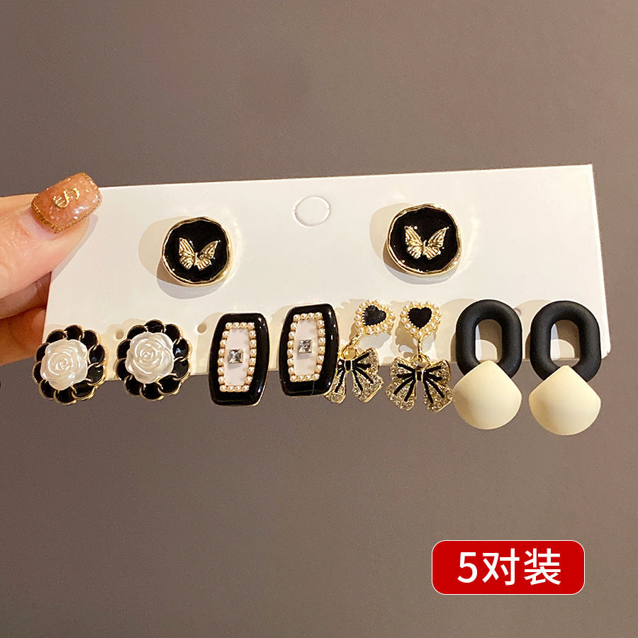 銀針圓形方形珍耳釘套裝法式復古時尚小眾氣質耳環輕奢高級感耳飾