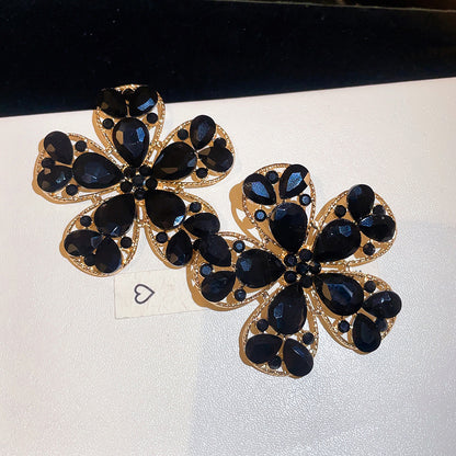 銀針水滴花朵鑲鑽耳釘