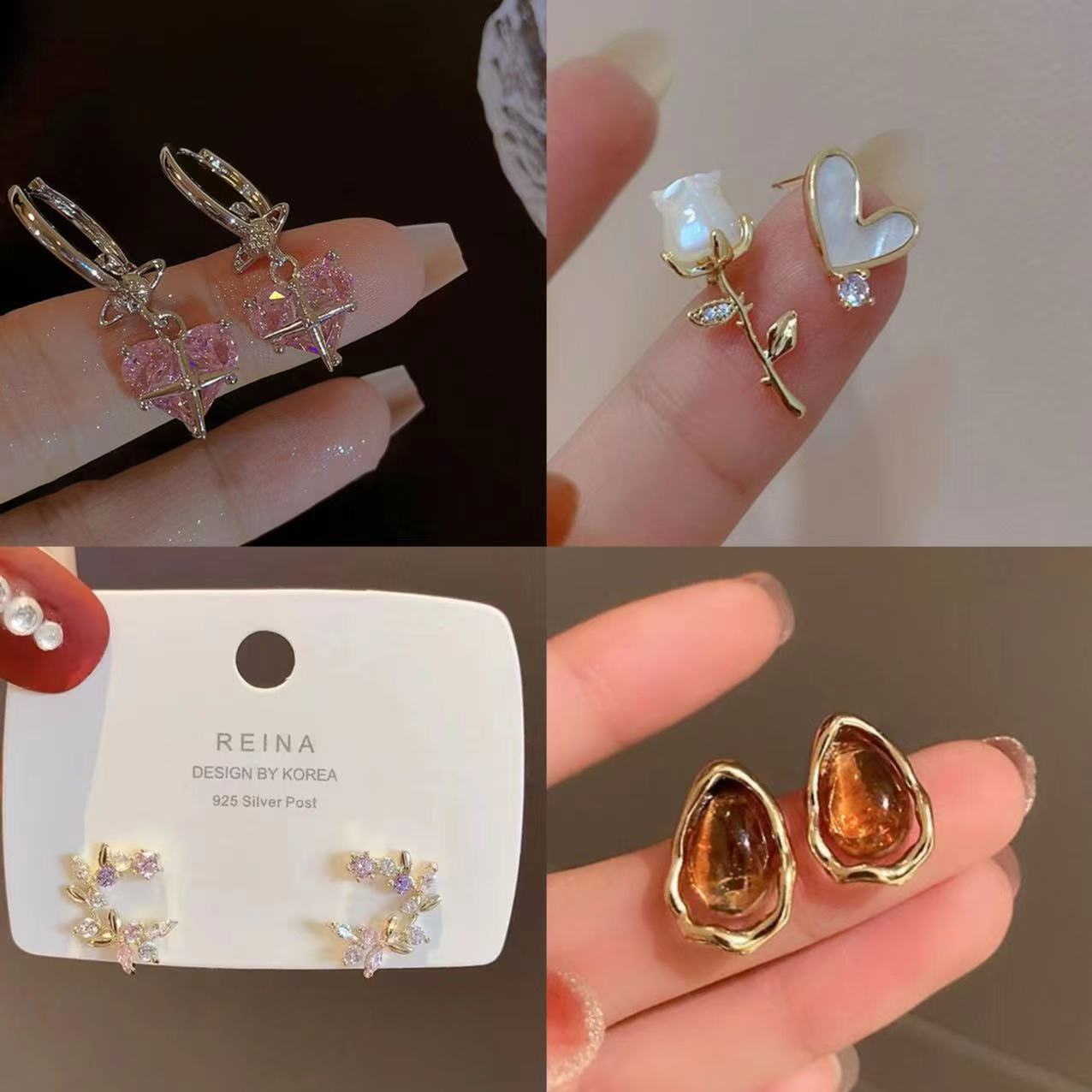 銀針小清新花朵蝴蝶樹脂耳釘小眾百搭耳環文藝氣質度假風耳飾配飾