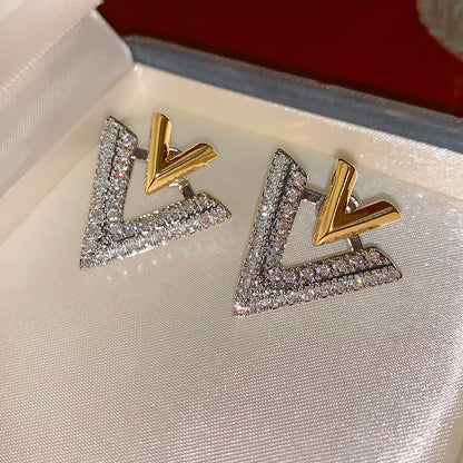 金色鋯石V形兩用耳環