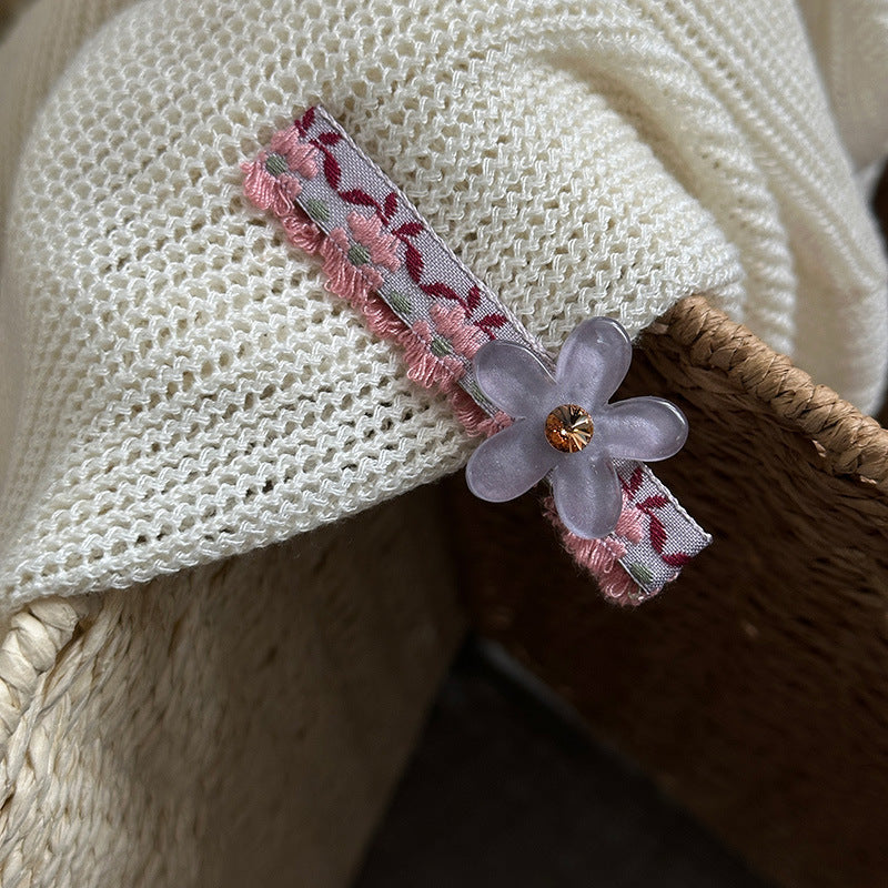 緞帶鋯石一字刺繡髮夾