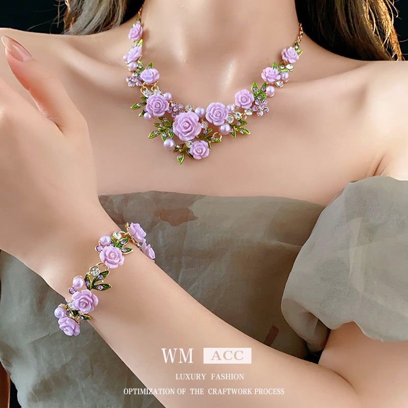 珍珠樹葉花朵鑲鑽項鍊－手鍊-粉色款細節2｜https://igowo.tw/
