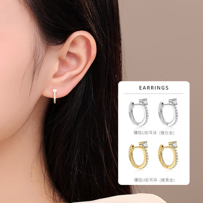 S925 鑲鋯U形耳環2025新款女ins風簡約時尚小眾百搭睡覺免摘耳