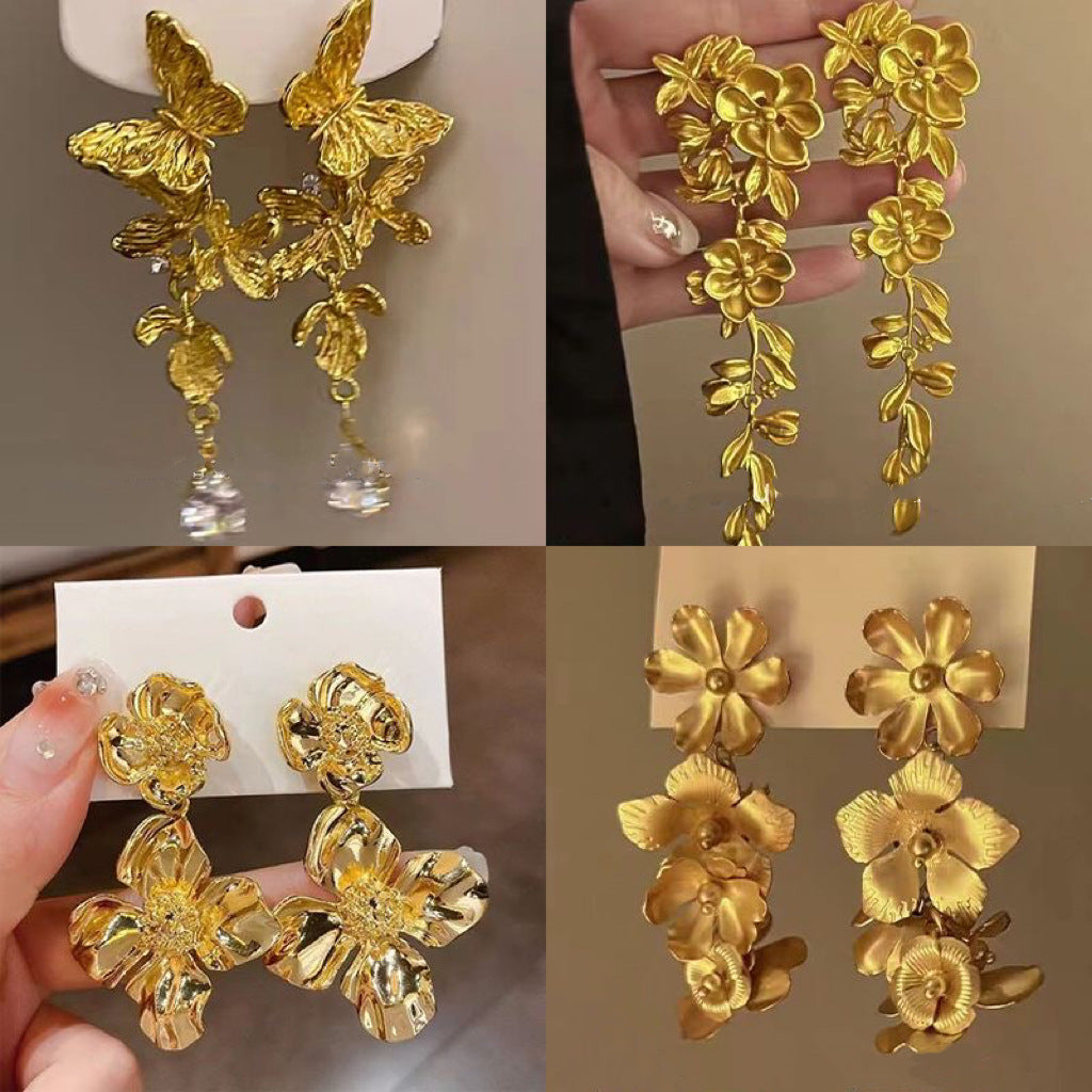 銀針金屬花朵流蘇耳環時尚氣質耳釘女歐美小眾夸張耳飾輕奢高級感
