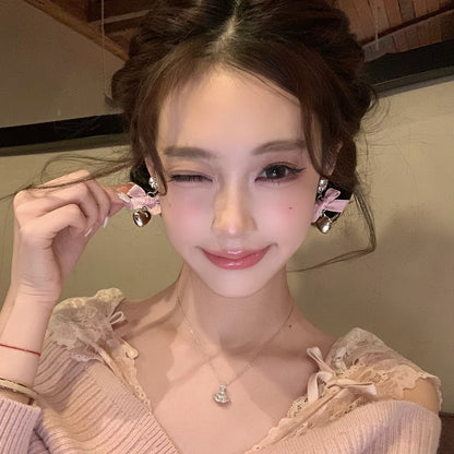 甜美粉色蝴蝶結吊墜耳釘