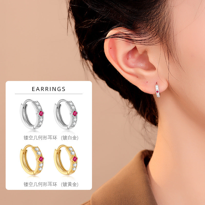 S925 微鑲鋯石玫紅方鑽圓形耳環2025新款時尚簡約精致耳圈耳扣